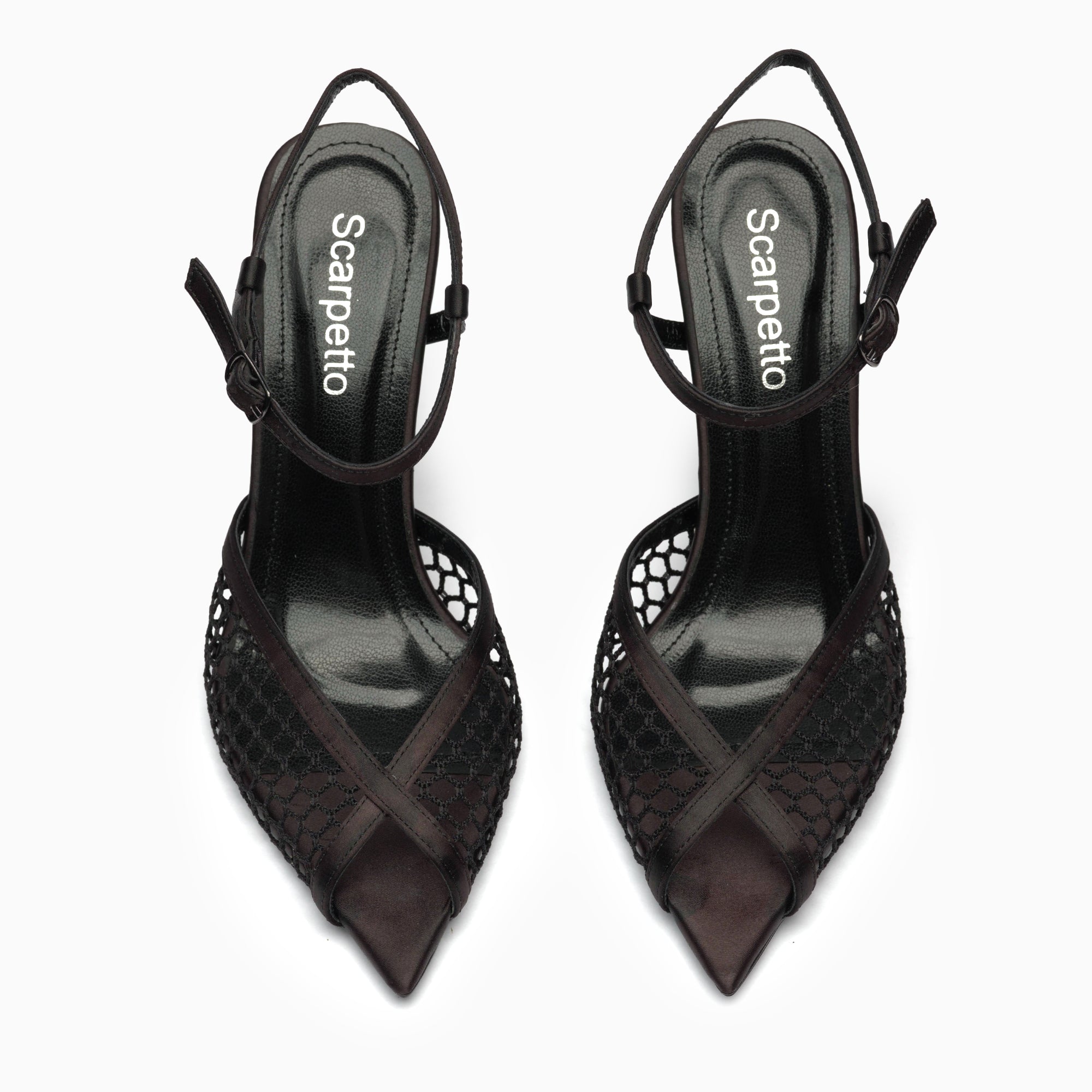 Velo Espresso Brown Mesh Peep-Toe Ankle-Strap Sandal — top view | Scarpetto