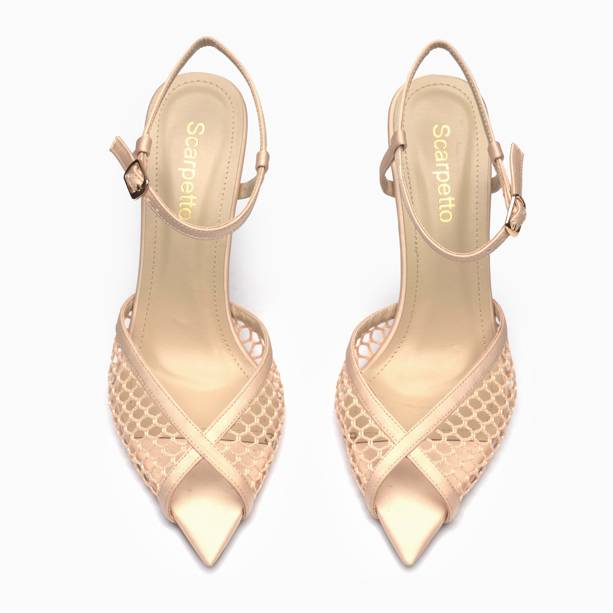 Velo Nude Blush Mesh Peep-Toe Ankle-Strap Sandal — top view | Scarpetto