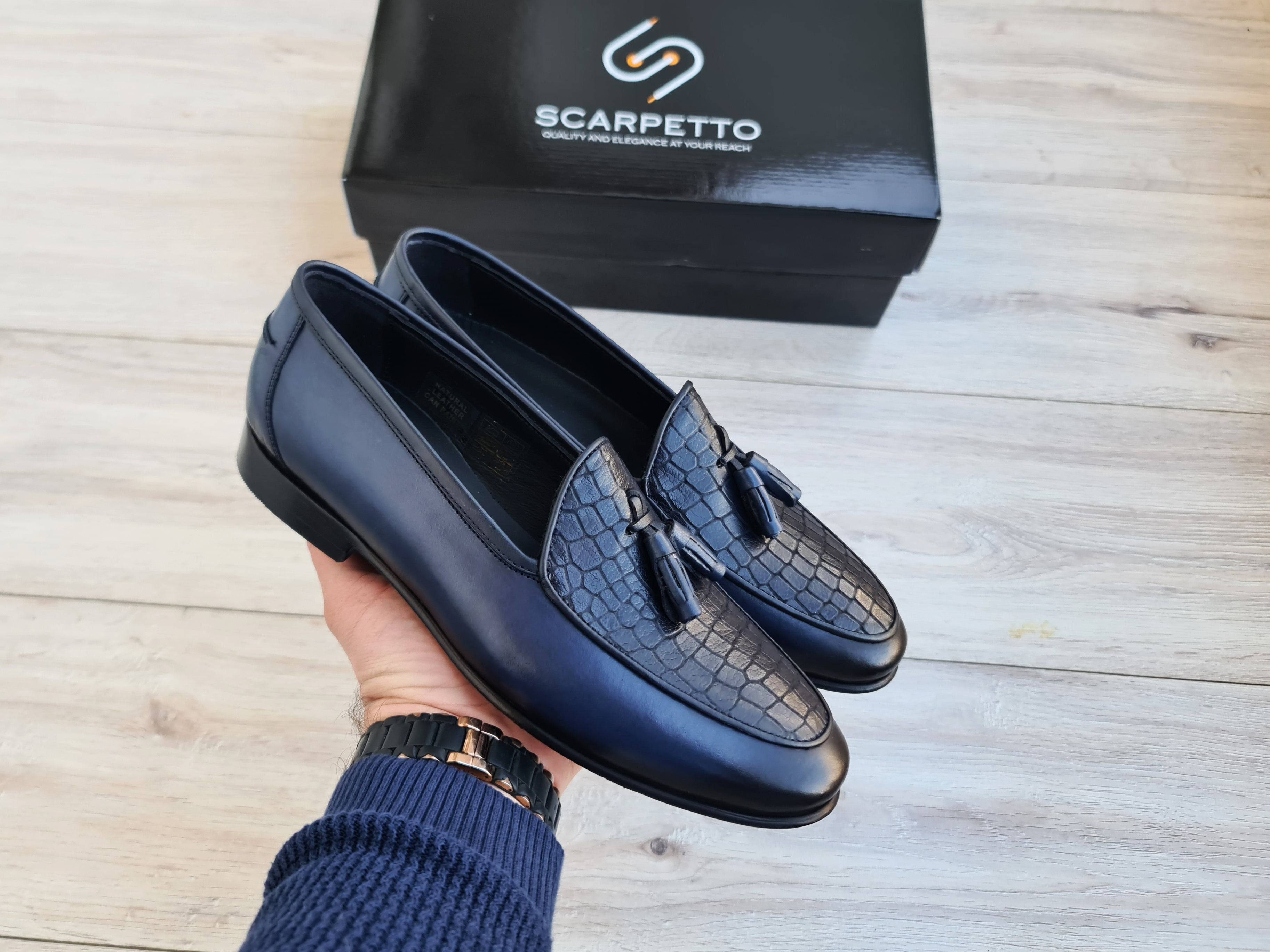 Frangiato Croco Navy Men's Leather Loafer — sole detail | Scarpetto