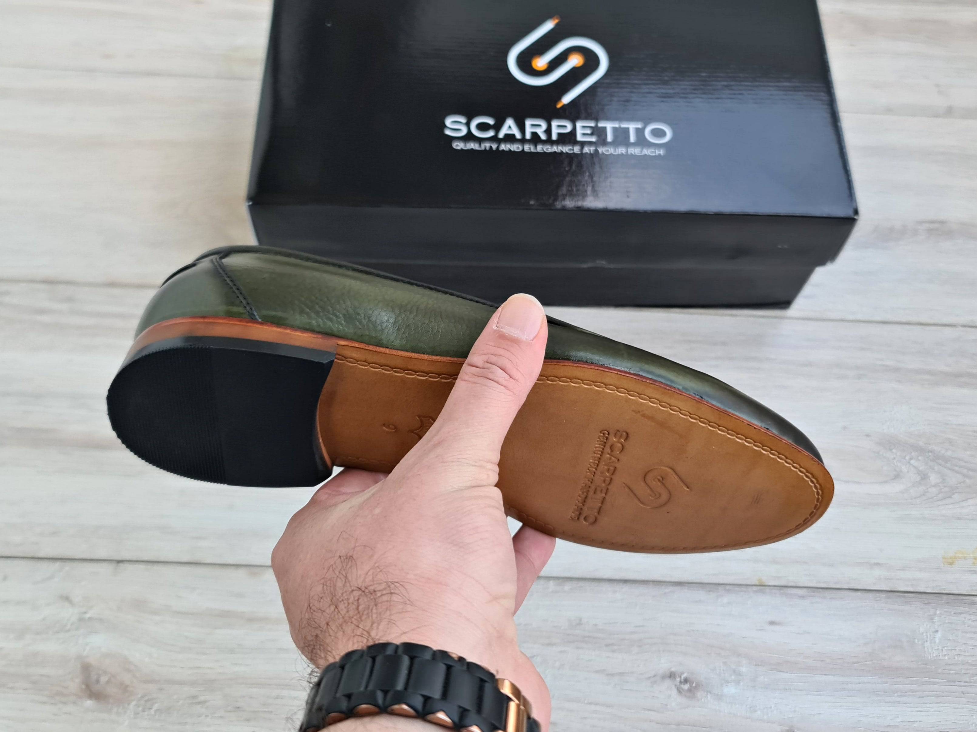 Frangiato Croco Army Green Men's Loafer — three-quarter view | Scarpetto