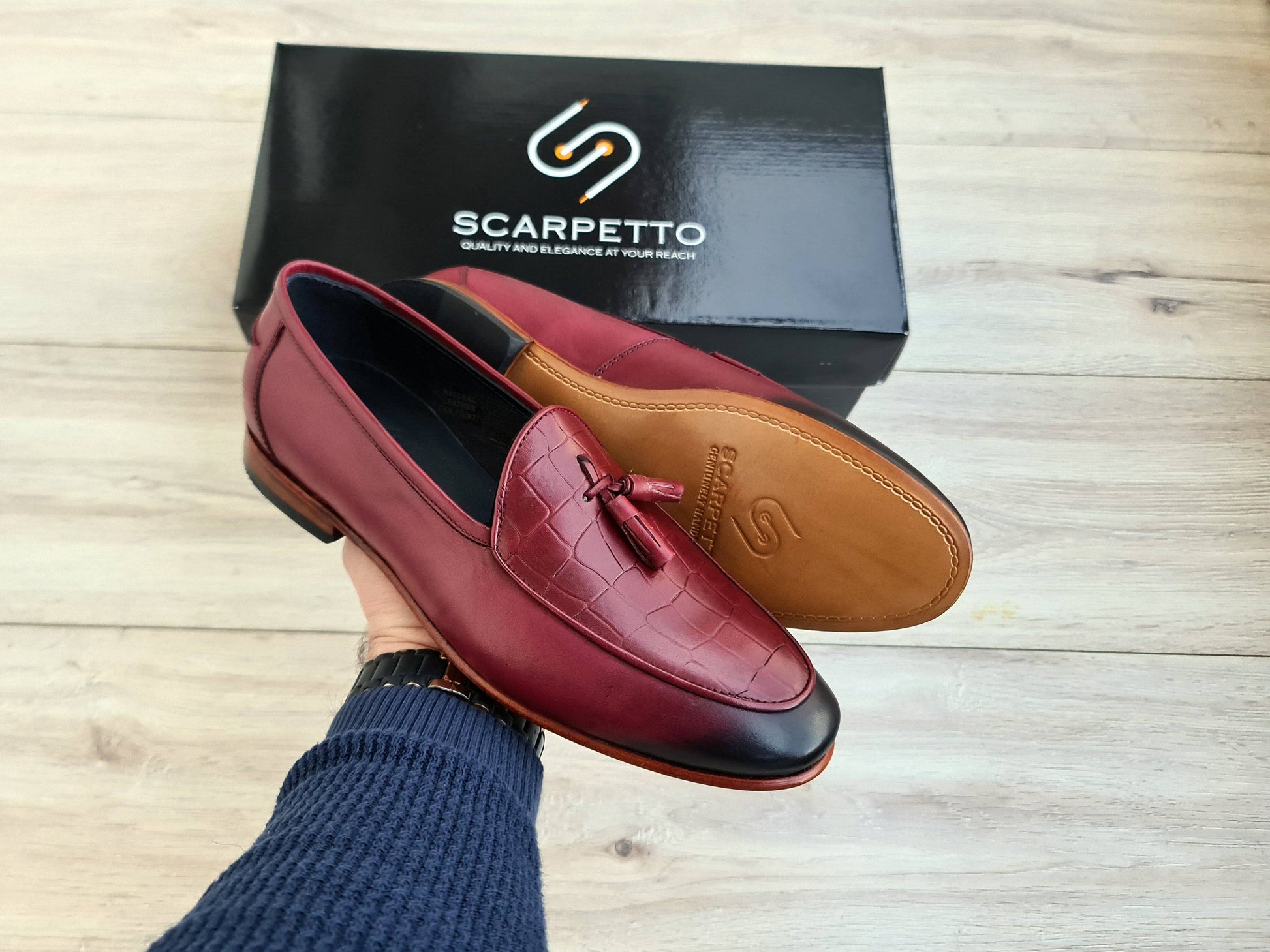 Frangiato Croco Burgundy Men's Genuine Leather Loafers - Leather Sole - Scarpetto