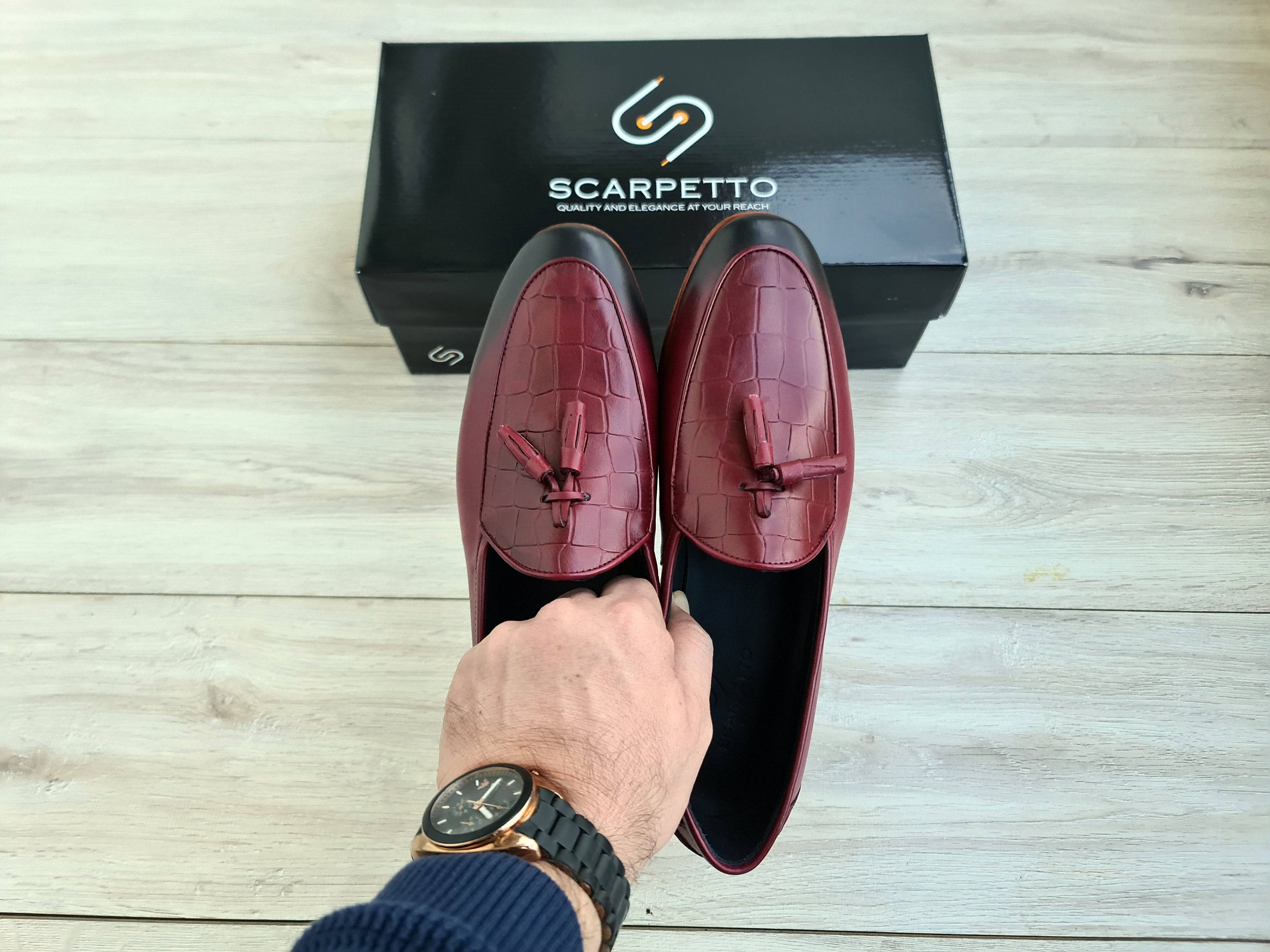 Frangiato Croco Burgundy Men's Loafer — side view | Scarpetto
