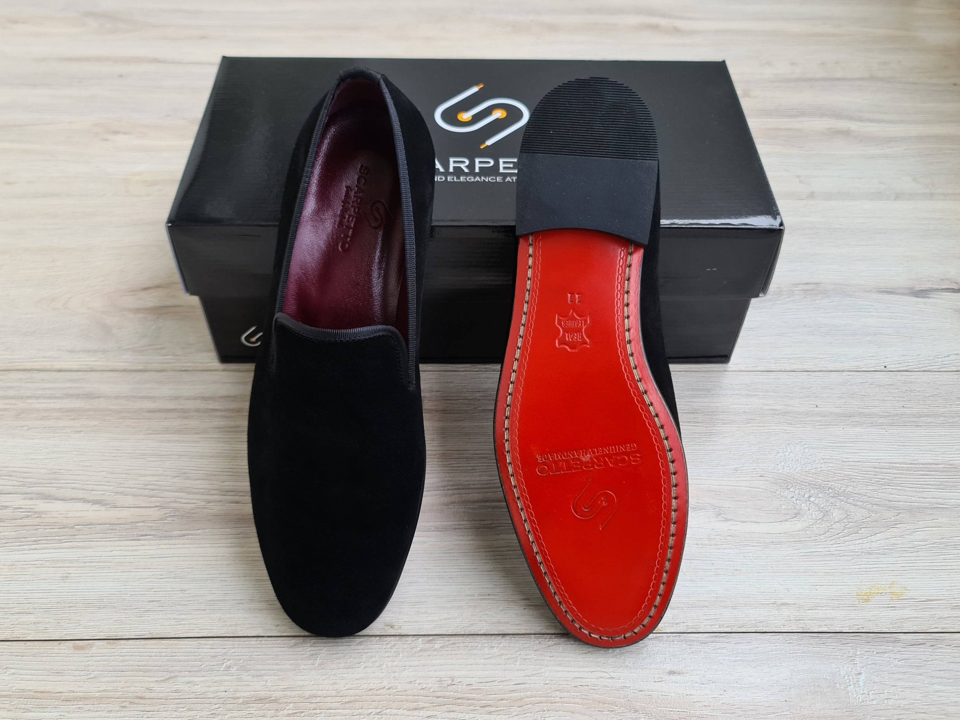 Black Men's Genuine Suede Leather Loafers - Red Leather Sole - Scarpetto