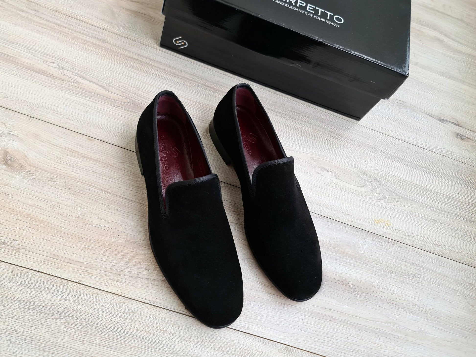 Black Men's Genuine Suede Leather Loafers - Red Leather Sole - Scarpetto