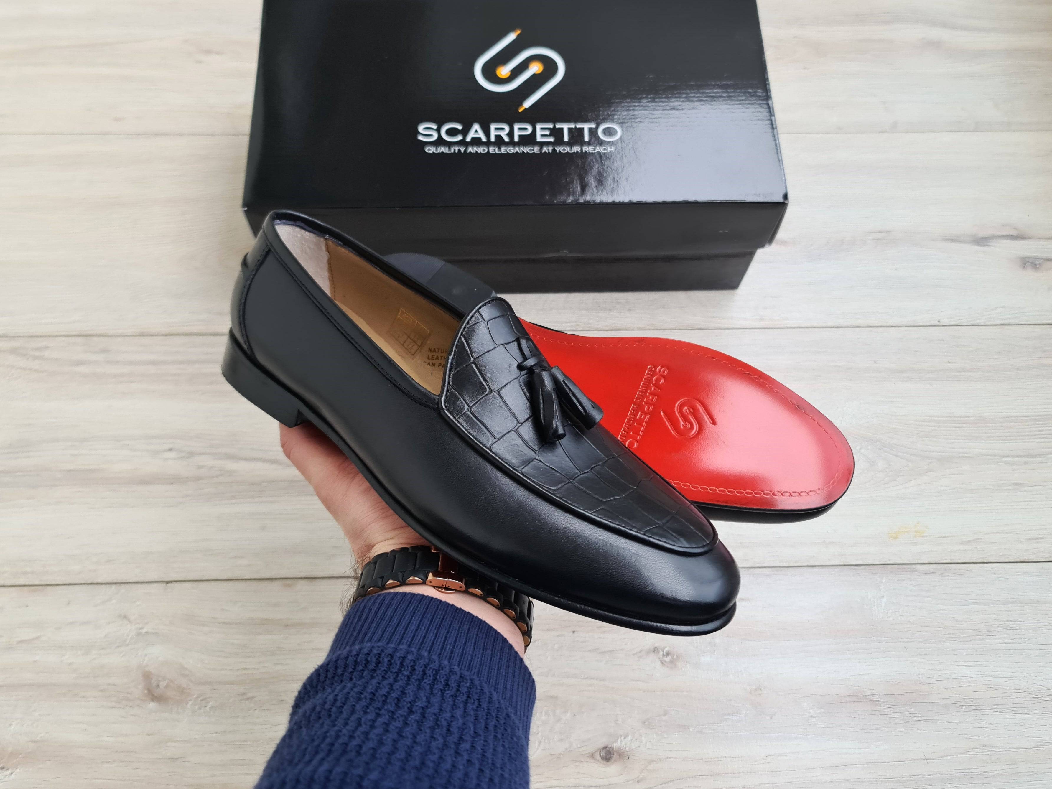 Frangiato Croco Black Red Sole Men's Loafer — front view | Scarpetto